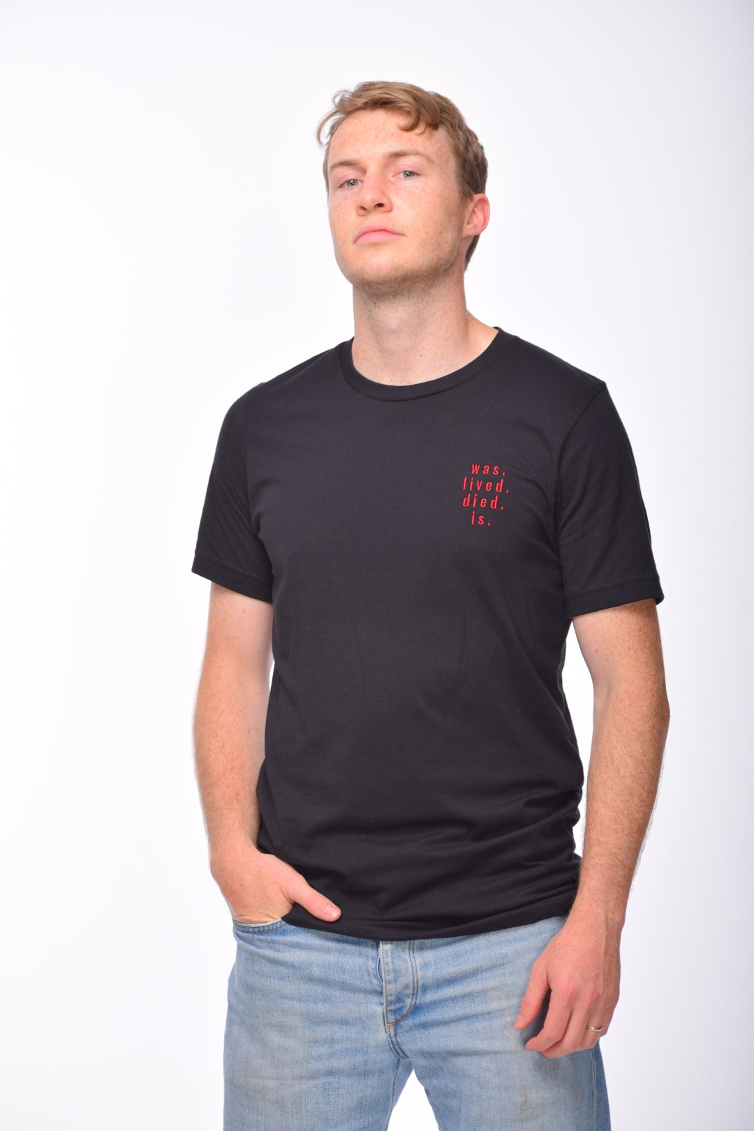 Was. Lived. Died. Is. Embroidered Premium Unisex T-Shirt